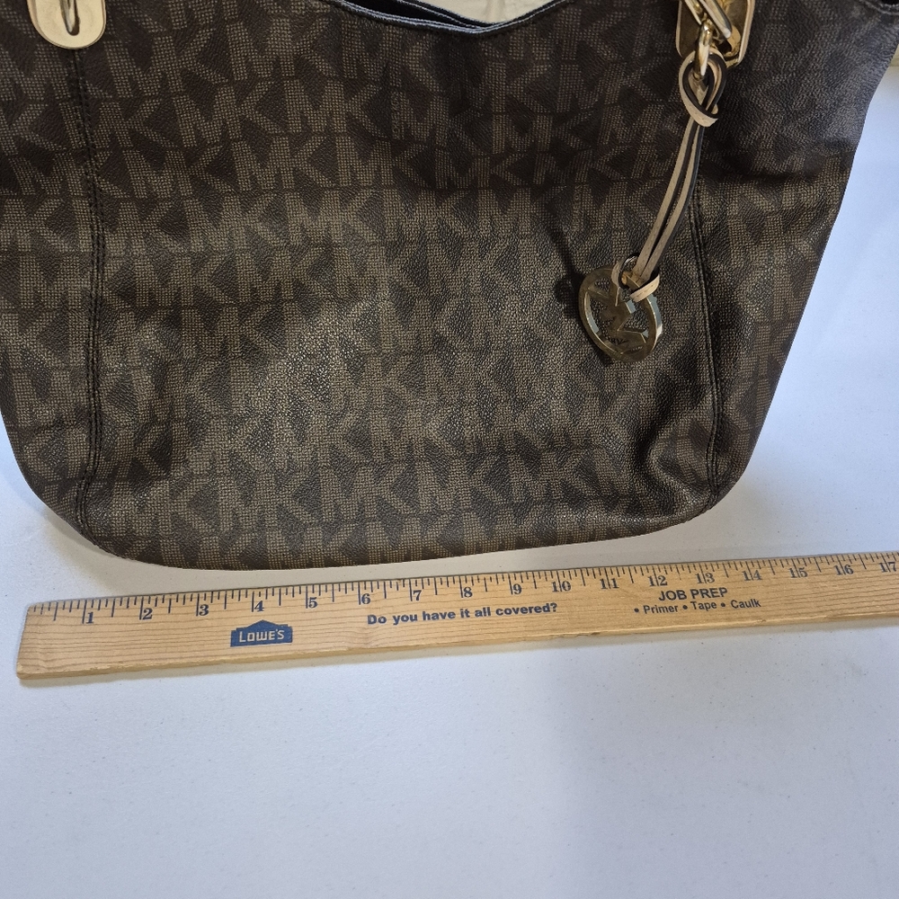 Michael Kors Lilly Tote Bag Purse Brown Signature Chain Strap - Picture 9 of 10